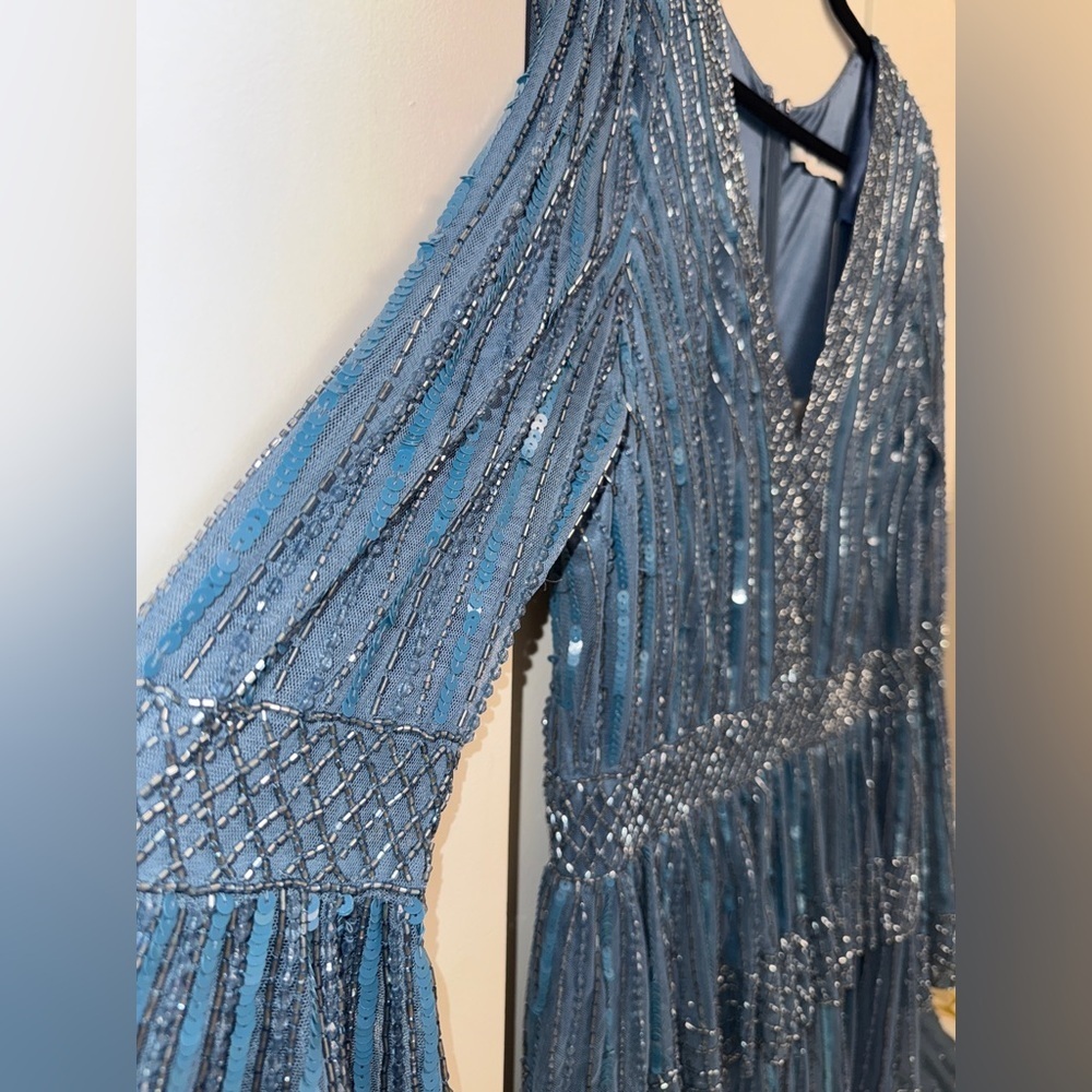 NWT | Mac Duggal 5442 Blue Emblemished Bell Sleeve Tiered Gown Size 16 - Picture 9 of 17